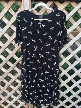 Vintage Teddi Black Dragonfly Print Short Sleeve Dress Whimsical Dragonfly